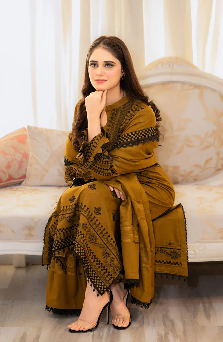 MARIA B - 3PC DHANAK EMBROIDERED SHIRT WITH DHANAK EMBROIDERED SHAWL AND TROUSER -KPR2004 - Image 3