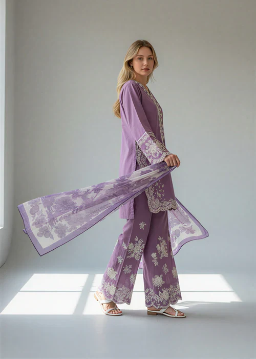 Aneela - Luxury Lawn Embroidered Unstitched 3 Piece - SHOKH - Image 2