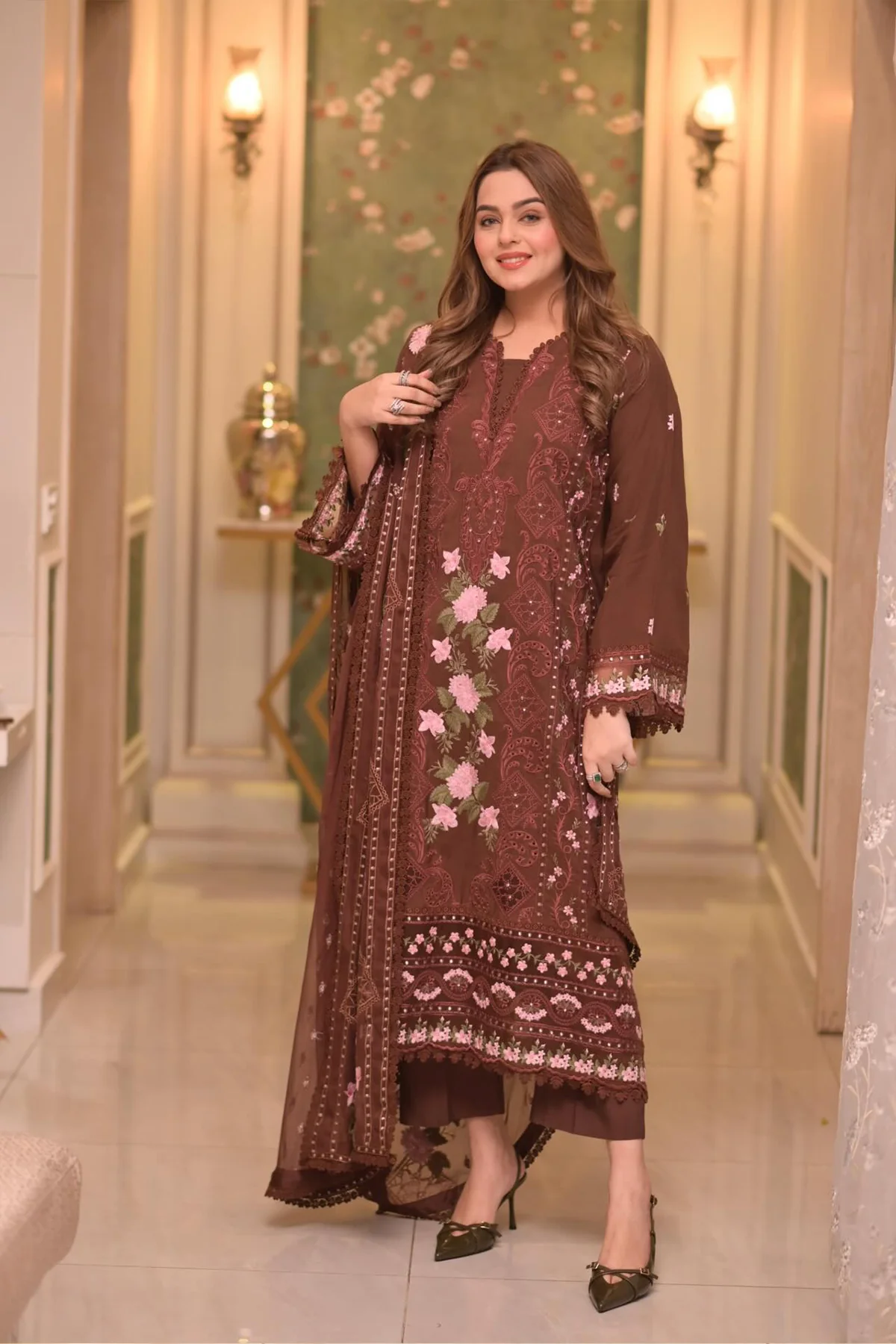 Aneelas Lawn Unstitched Embroidered Collection with Chiffon Dupatta WLUX-BROWN - Image 2