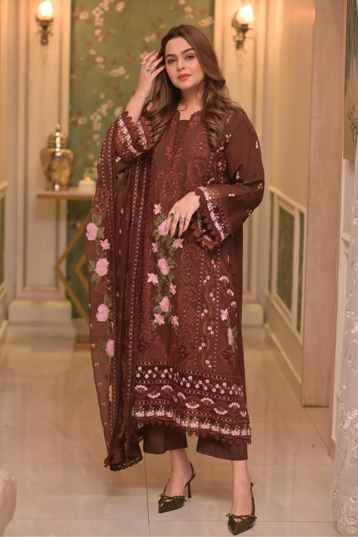 Aneelas Lawn Unstitched Embroidered Collection with Chiffon Dupatta WLUX-BROWN - Image 3