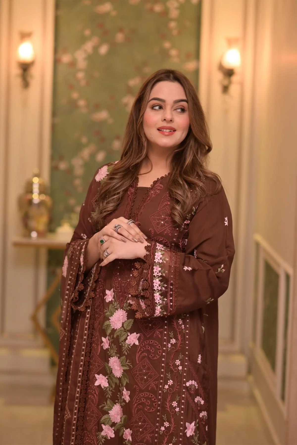 Aneelas Lawn Unstitched Embroidered Collection with Chiffon Dupatta WLUX-BROWN - Image 4