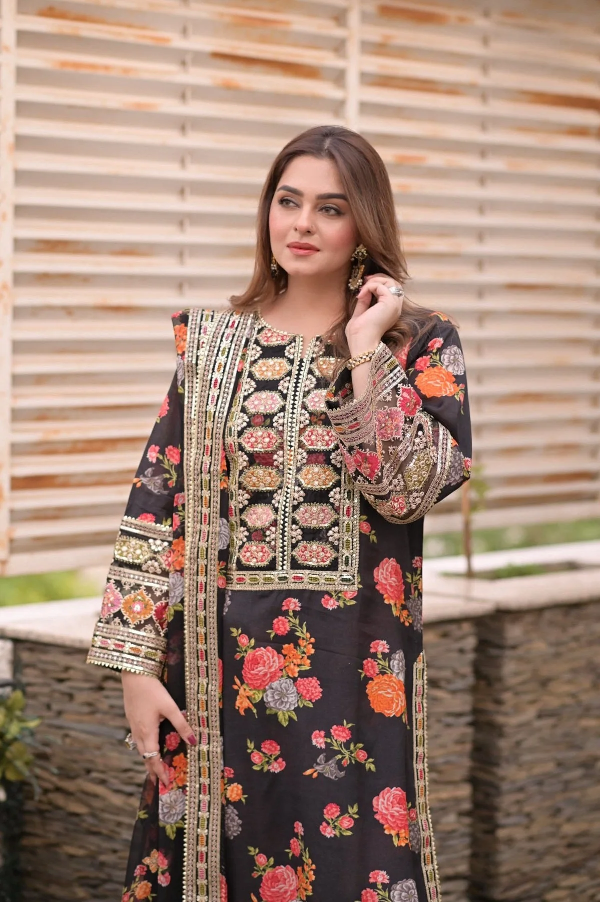 Aneelas Luxury Silk 3 Piece Unstitched -Black - Image 2