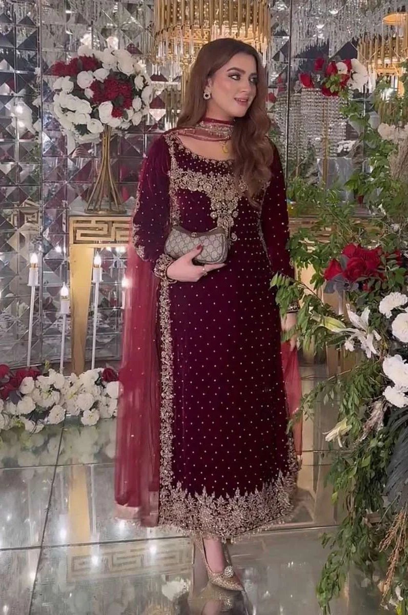 Aneelas Wedding Velvet Embroidered Unstitched Collection Maroon Majesty