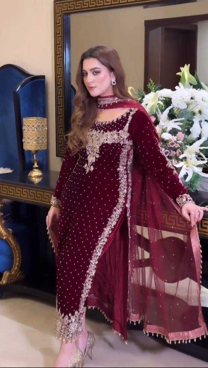 Aneelas Wedding Velvet Embroidered Unstitched Collection Maroon Majesty - Image 3