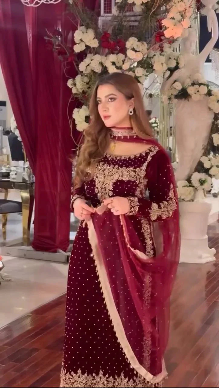 Aneelas Wedding Velvet Embroidered Unstitched Collection Maroon Majesty - Image 5