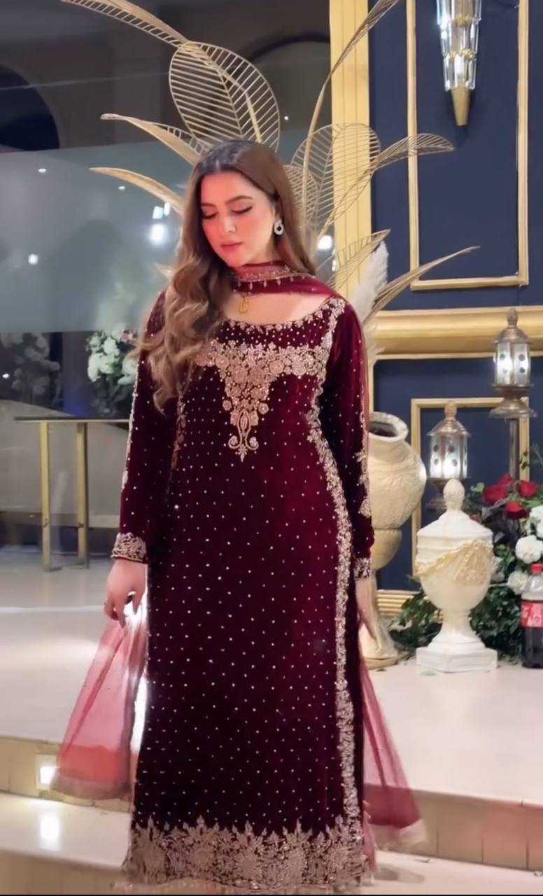 Aneelas Wedding Velvet Embroidered Unstitched Collection Maroon Majesty - Image 6