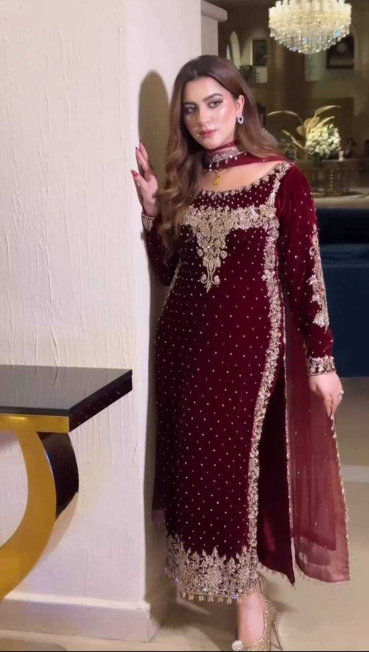 Aneelas Wedding Velvet Embroidered Unstitched Collection Maroon Majesty - Image 7