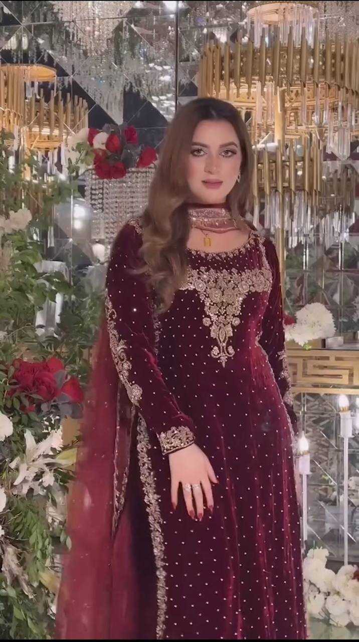 Aneelas Wedding Velvet Embroidered Unstitched Collection Maroon Majesty - Image 8