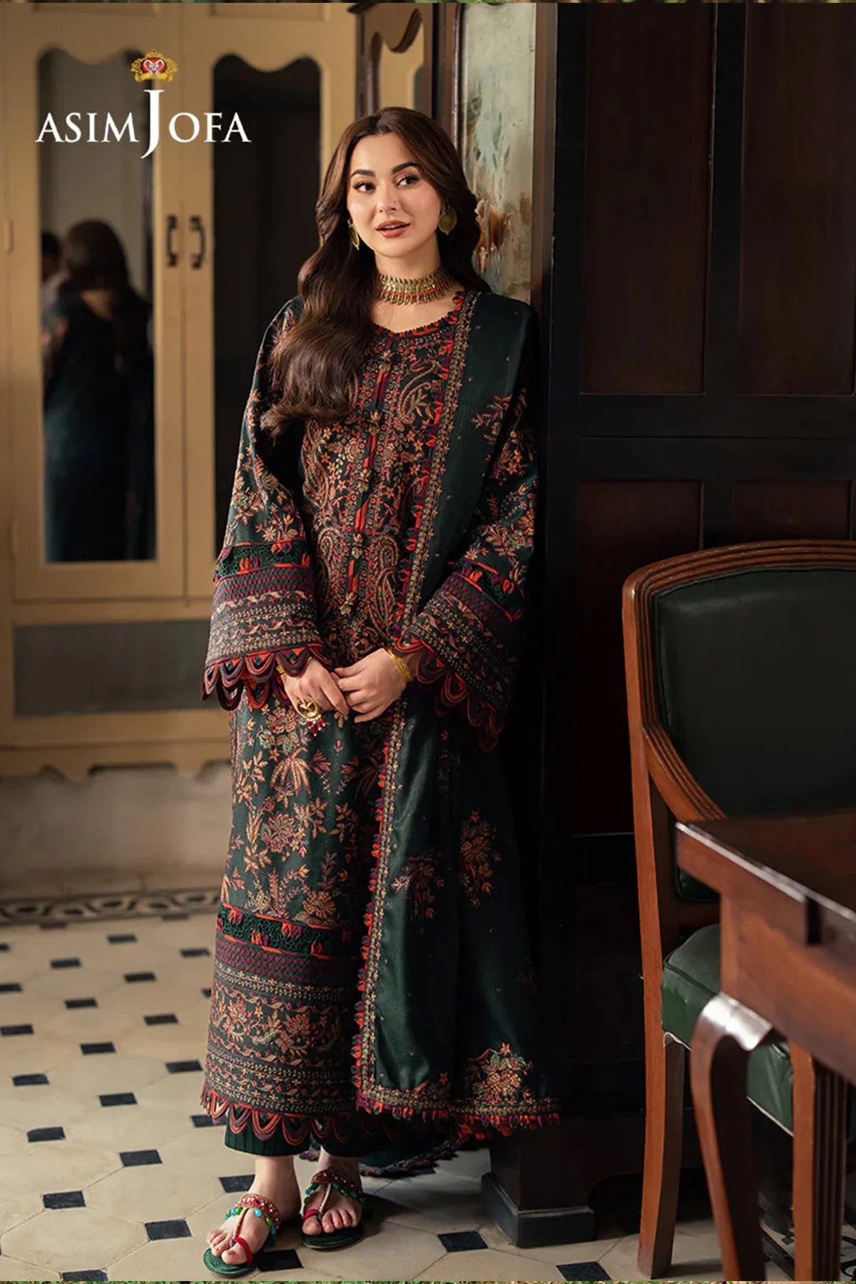 ASIM JOFA - 3PC DHANAK EMBROIDERED SHIRT WITH DHANAK EMBROIDERED SHAWL AND EMBROIDERED TROUSER - KPR- AJKI-01