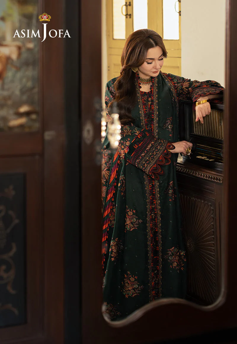 ASIM JOFA - 3PC DHANAK EMBROIDERED SHIRT WITH DHANAK EMBROIDERED SHAWL AND EMBROIDERED TROUSER - KPR- AJKI-01 - Image 2