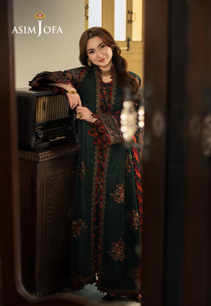 ASIM JOFA - 3PC DHANAK EMBROIDERED SHIRT WITH DHANAK EMBROIDERED SHAWL AND EMBROIDERED TROUSER - KPR- AJKI-01 - Image 3