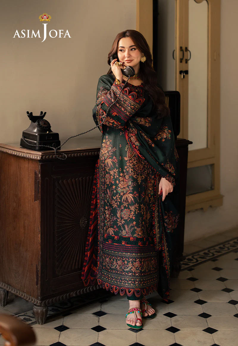 ASIM JOFA - 3PC DHANAK EMBROIDERED SHIRT WITH DHANAK EMBROIDERED SHAWL AND EMBROIDERED TROUSER - KPR- AJKI-01 - Image 4