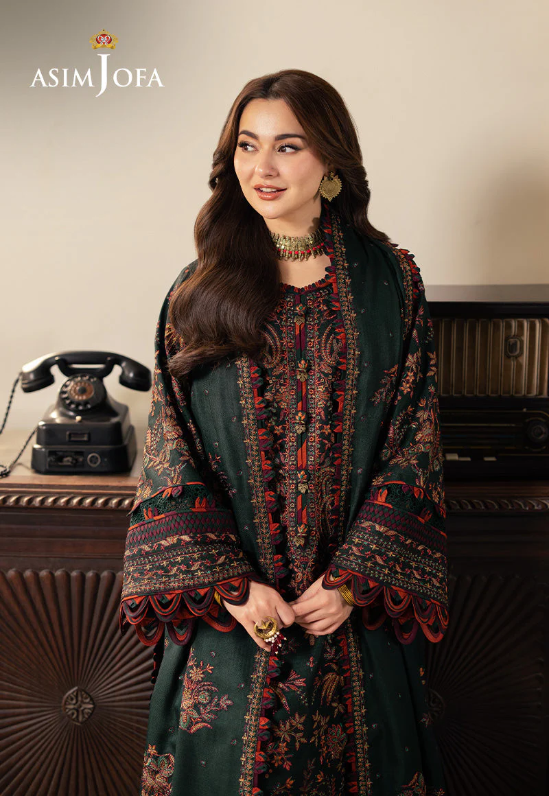 ASIM JOFA - 3PC DHANAK EMBROIDERED SHIRT WITH DHANAK EMBROIDERED SHAWL AND EMBROIDERED TROUSER - KPR- AJKI-01 - Image 5