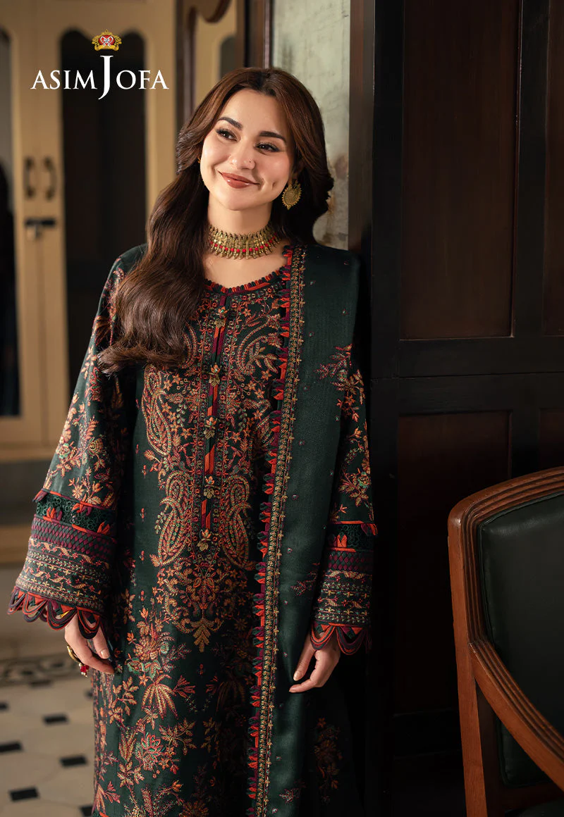 ASIM JOFA - 3PC DHANAK EMBROIDERED SHIRT WITH DHANAK EMBROIDERED SHAWL AND EMBROIDERED TROUSER - KPR- AJKI-01 - Image 6