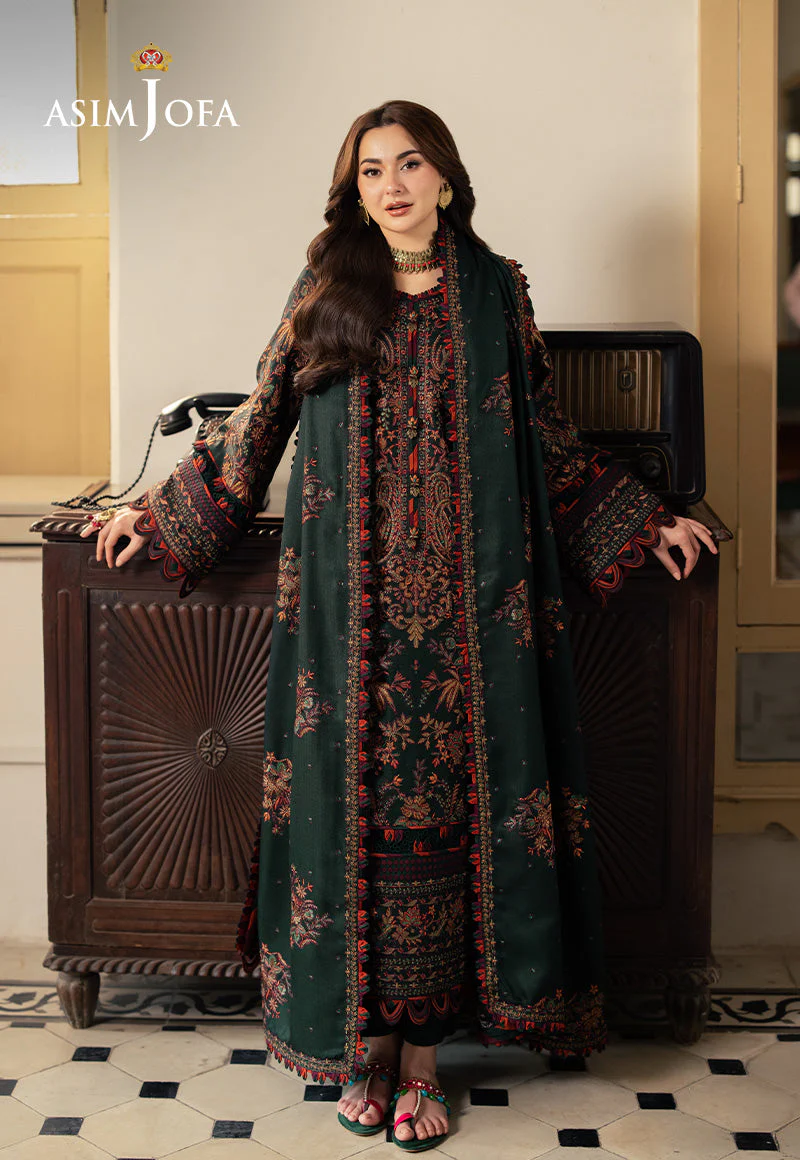 ASIM JOFA - 3PC DHANAK EMBROIDERED SHIRT WITH DHANAK EMBROIDERED SHAWL AND EMBROIDERED TROUSER - KPR- AJKI-01 - Image 7
