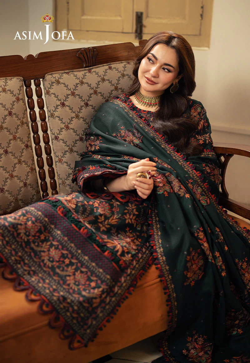 ASIM JOFA - 3PC DHANAK EMBROIDERED SHIRT WITH DHANAK EMBROIDERED SHAWL AND EMBROIDERED TROUSER - KPR- AJKI-01 - Image 8