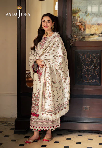 ASIM JOFA - 3PC DHANAK EMBROIDERED SHIRT WITH TWILL PRINTED SHAWL AND TROUSER - WT-1 - Image 2