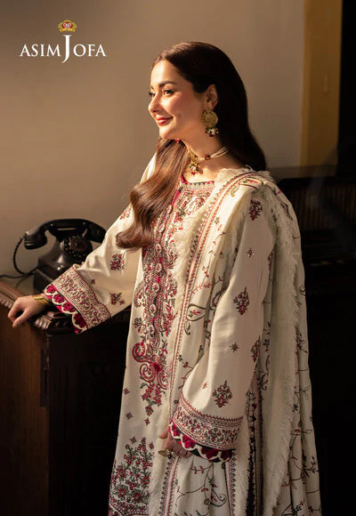 ASIM JOFA - 3PC DHANAK EMBROIDERED SHIRT WITH TWILL PRINTED SHAWL AND TROUSER - WT-1 - Image 3