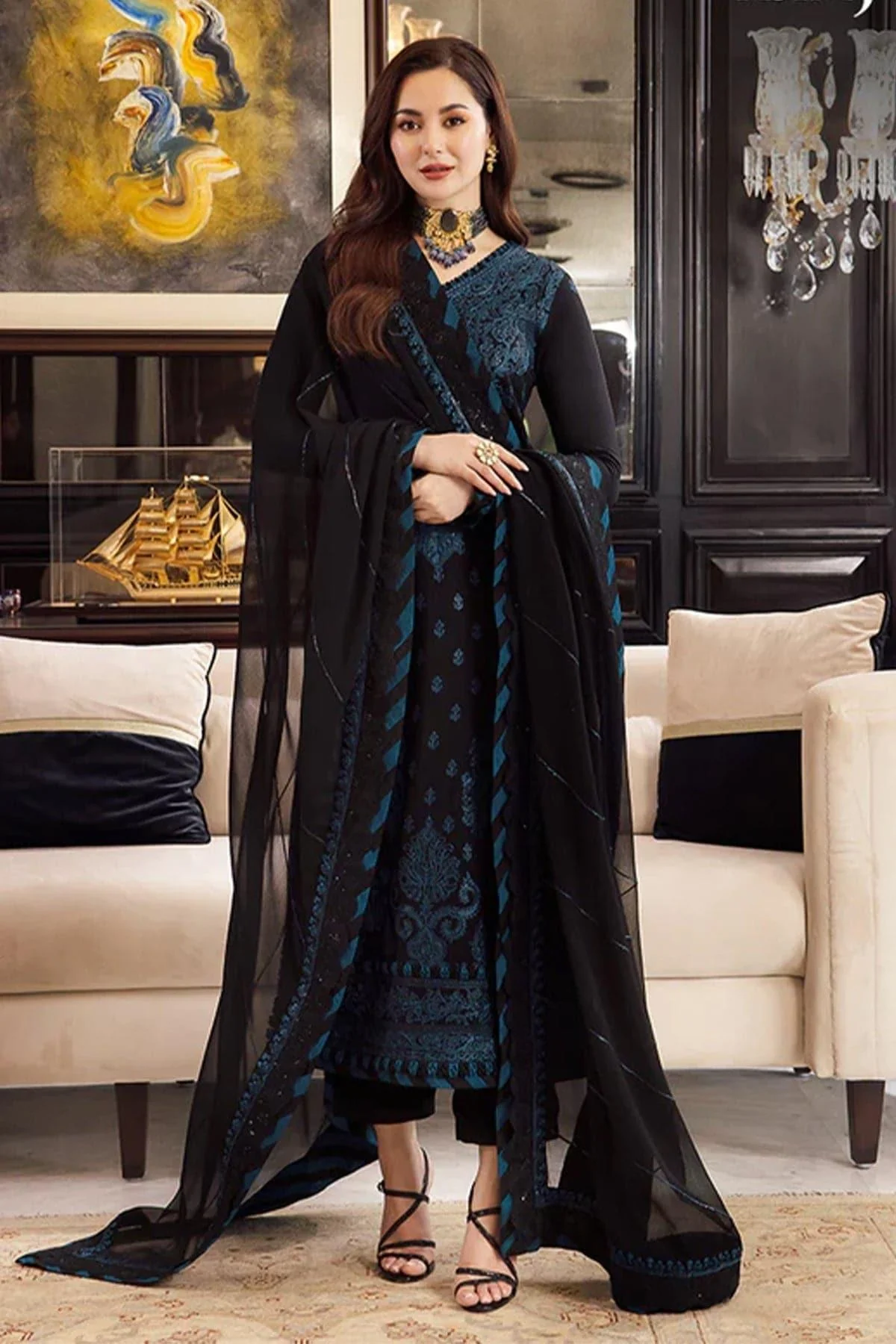 ASIM JOFA - 3PC LAWN EMBROIDERED SHIRT WITH CHIFFON EMBROIDERED DUPATTA AND TROUSER - HZG1609 - Image 2