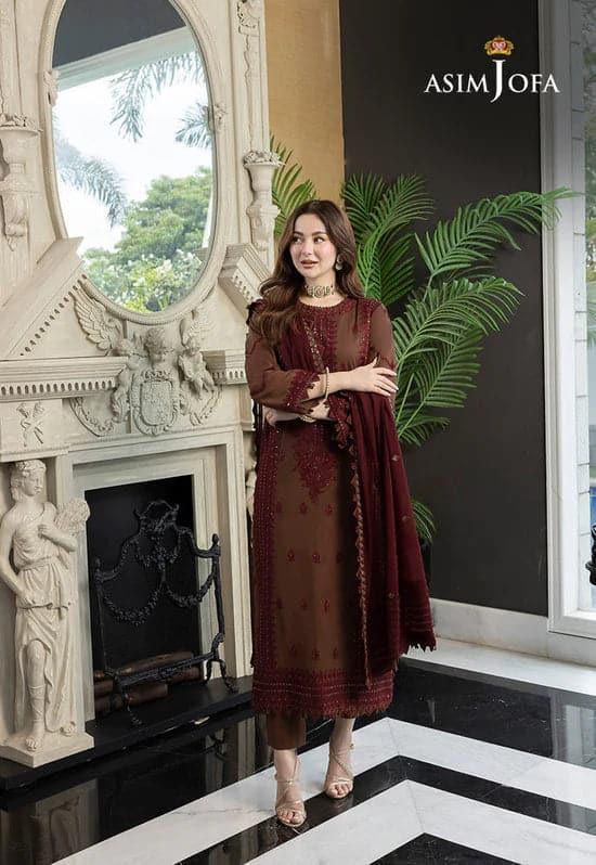 Asim Jofa -  3PC Dhanka Embroidered SHIRT WITH CHIFFON Embroidered DUPATTA AND TROUSER -308 - Image 3