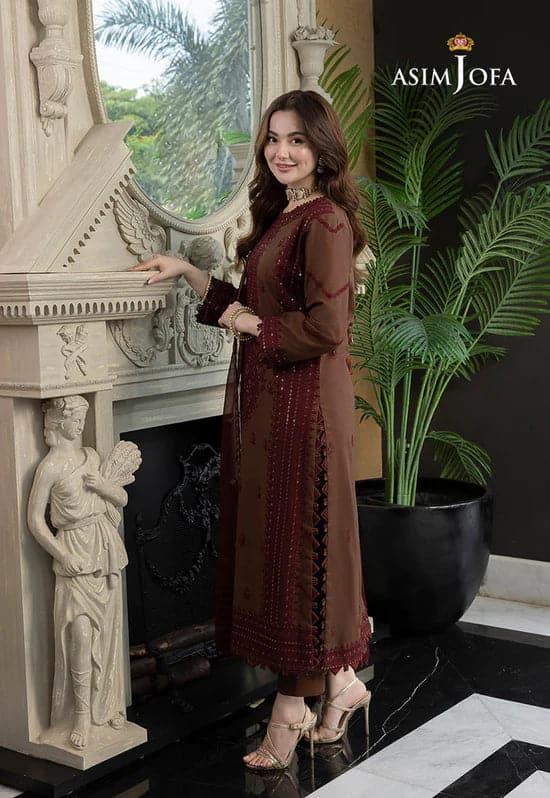 Asim Jofa -  3PC Dhanka Embroidered SHIRT WITH CHIFFON Embroidered DUPATTA AND TROUSER -308 - Image 4