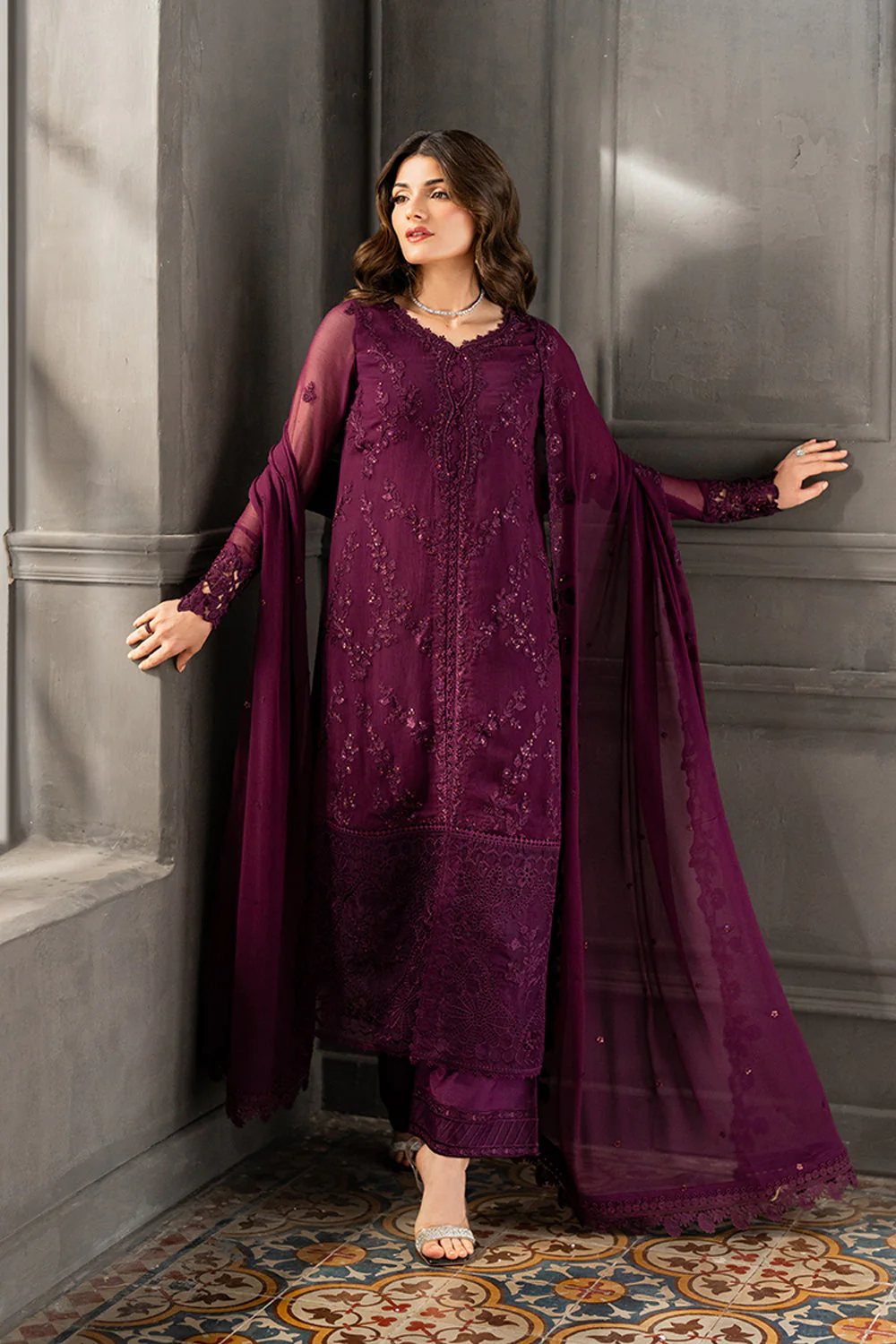 AZURE - 3PC CHIFFON EMBROIDERED WITH EMBROIDERED DUPATTA AND TROUSER - Rose Noir