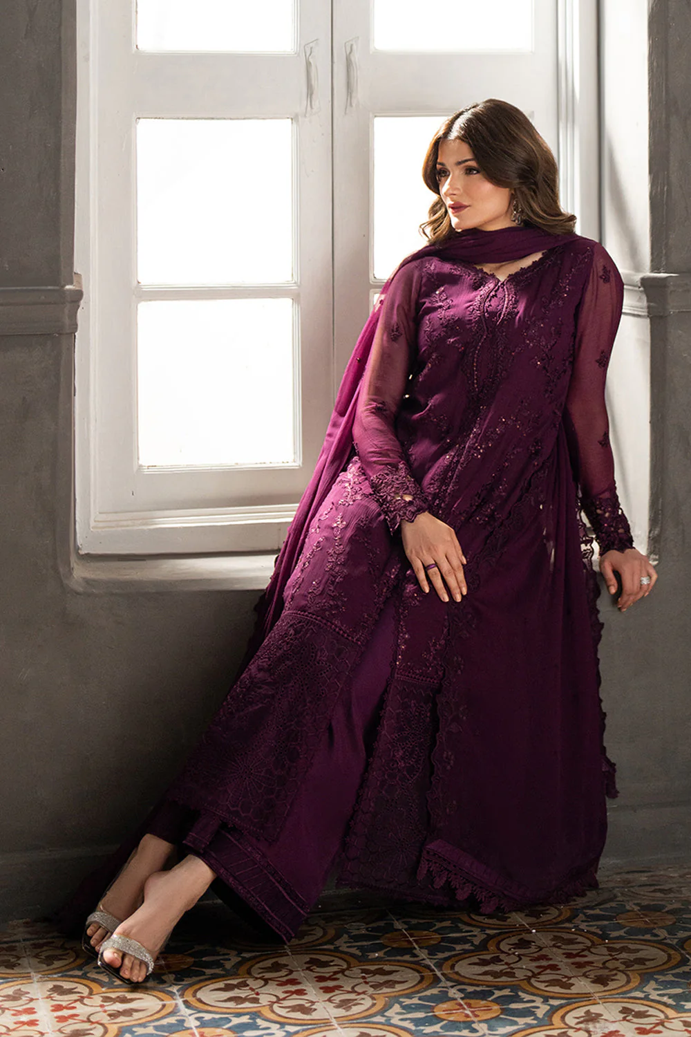 AZURE - 3PC CHIFFON EMBROIDERED WITH EMBROIDERED DUPATTA AND TROUSER - Rose Noir - Image 2