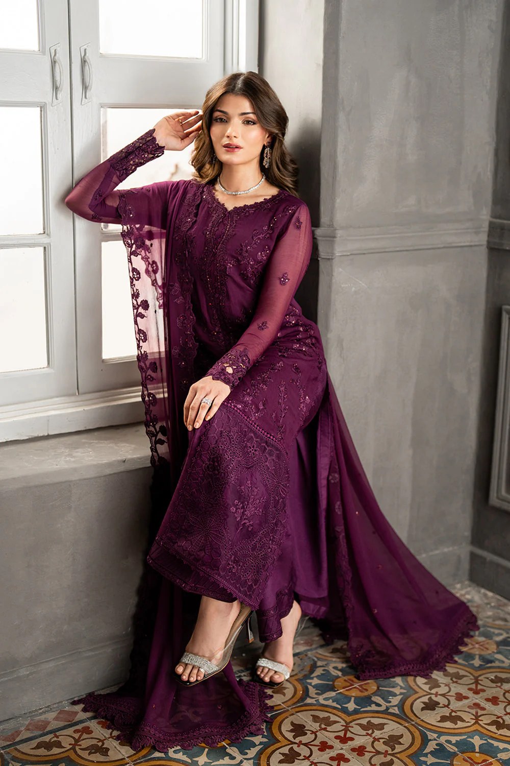 AZURE - 3PC CHIFFON EMBROIDERED WITH EMBROIDERED DUPATTA AND TROUSER - Rose Noir - Image 3
