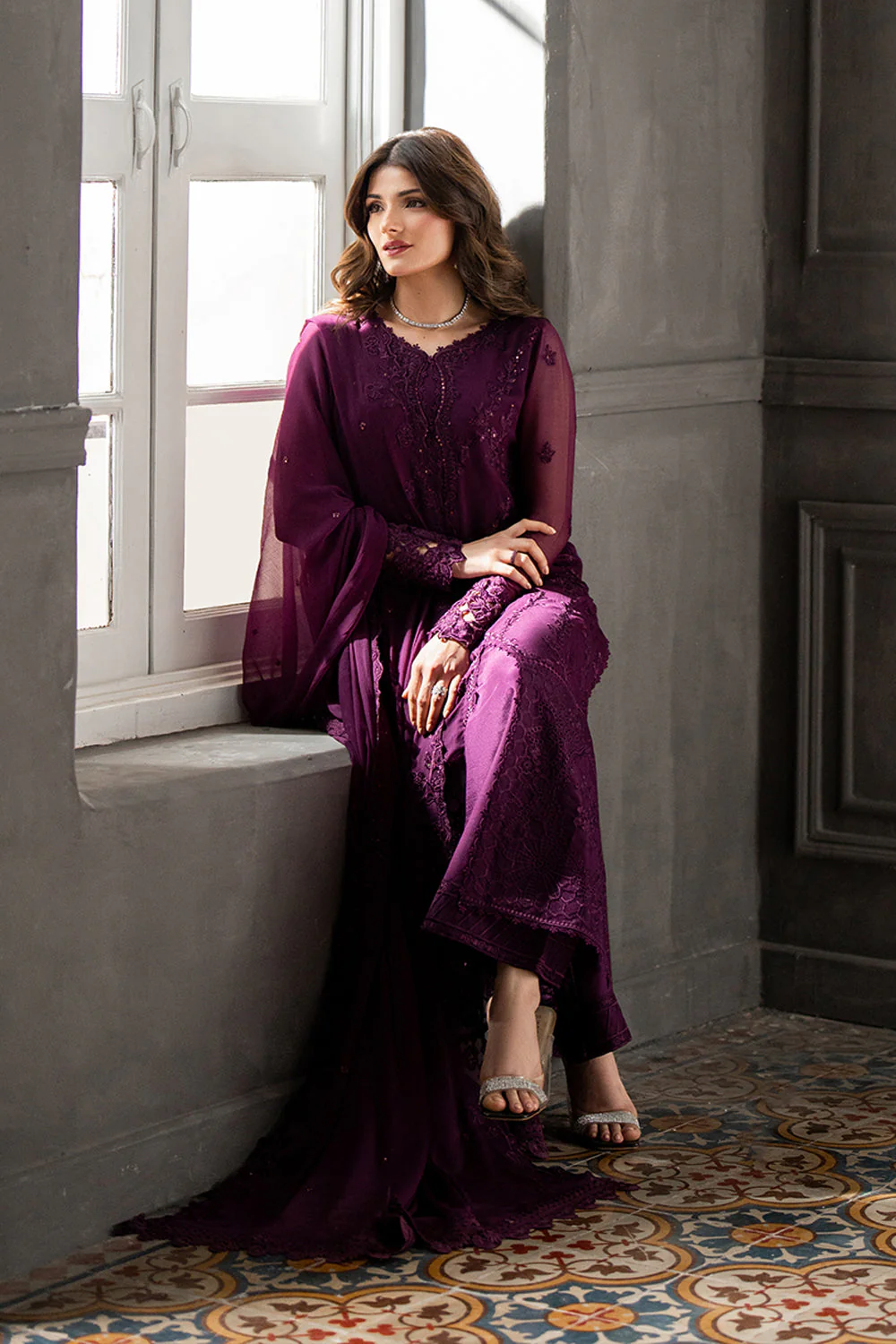 AZURE - 3PC CHIFFON EMBROIDERED WITH EMBROIDERED DUPATTA AND TROUSER - Rose Noir - Image 5