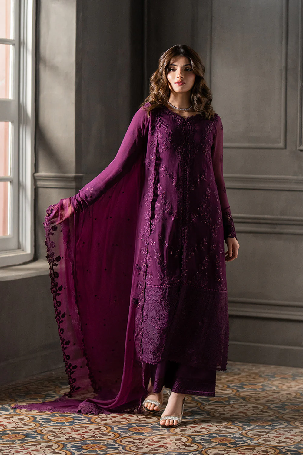AZURE - 3PC CHIFFON EMBROIDERED WITH EMBROIDERED DUPATTA AND TROUSER - Rose Noir - Image 6