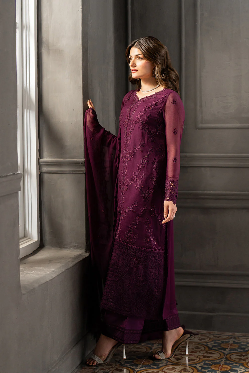 AZURE - 3PC CHIFFON EMBROIDERED WITH EMBROIDERED DUPATTA AND TROUSER - Rose Noir - Image 8