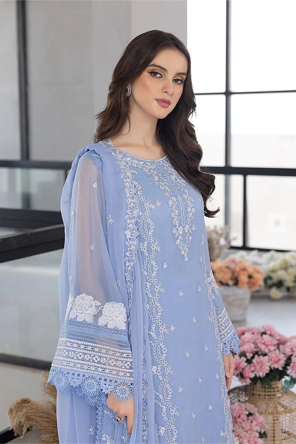 AZURE - 3PC LAWN EMBROIDERED SHIRT WITH Organza EMBROIDERED DUPATTA AND TROUSER - HZG1556 - Image 2