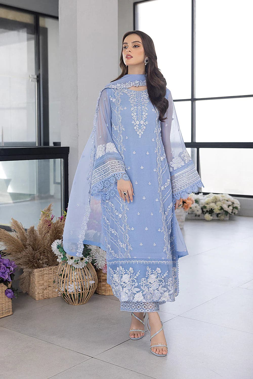 AZURE - 3PC LAWN EMBROIDERED SHIRT WITH Organza EMBROIDERED DUPATTA AND TROUSER - HZG1556 - Image 3