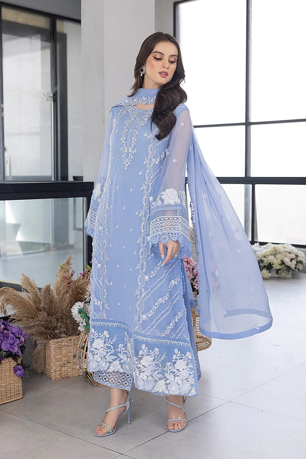 AZURE - 3PC LAWN EMBROIDERED SHIRT WITH Organza EMBROIDERED DUPATTA AND TROUSER - HZG1556 - Image 4