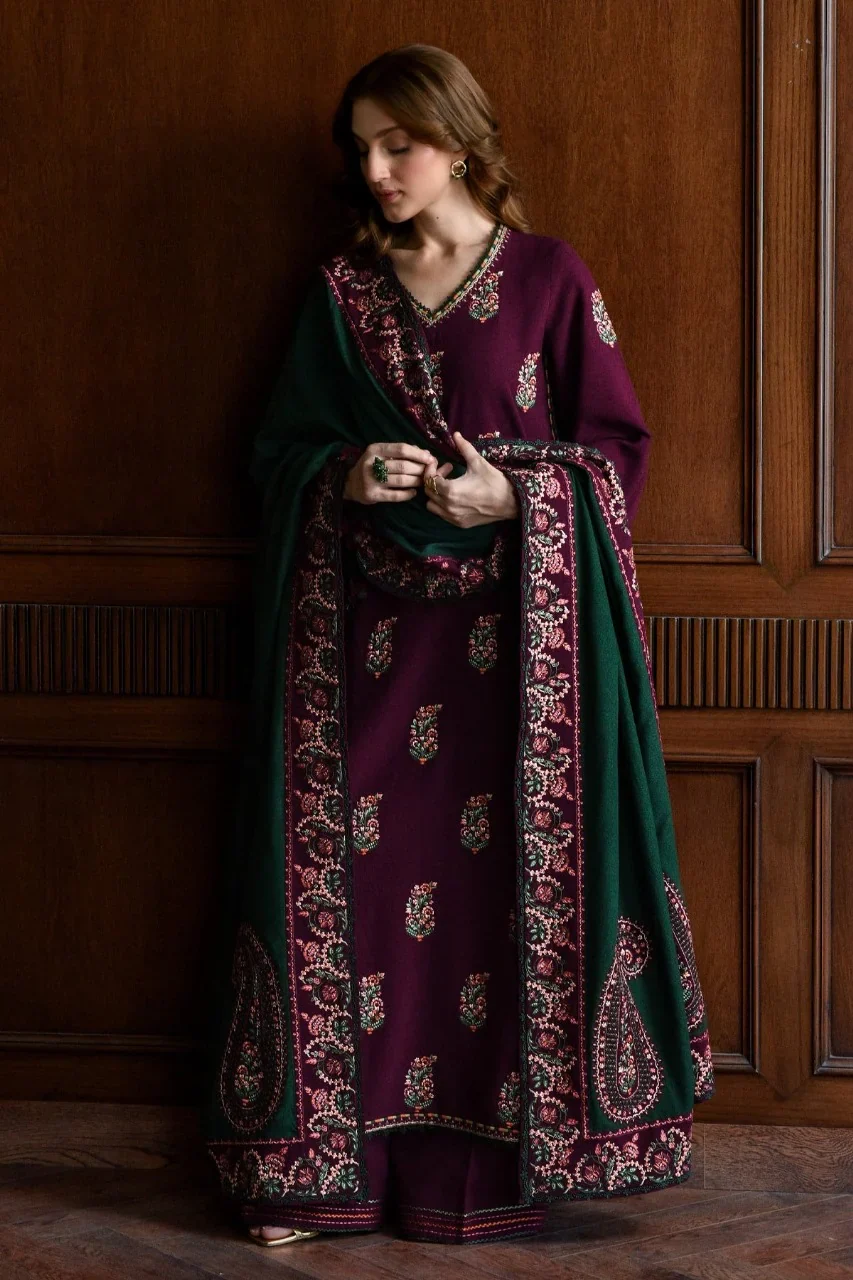 BATIK - 3PC DHANAK EMBROIDERED SHIRT WITH DHANAK SHAWL AND TROUSER - 32