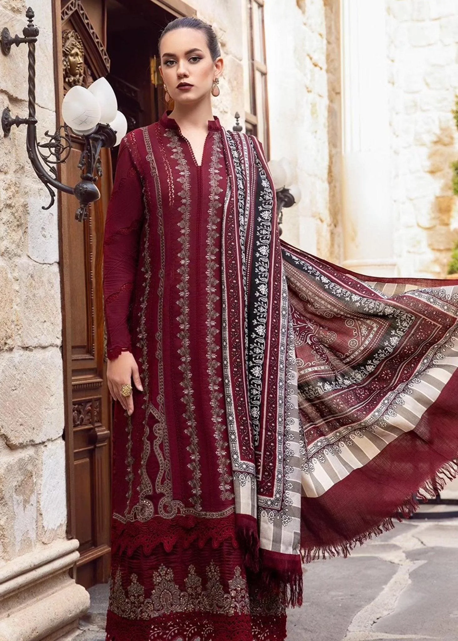 MARIA B - 3PC DHANAK EMBROIDERED SHIRT WITH DHANAK DUPATTA AND TROUSER- Kpr 1482 - Image 3