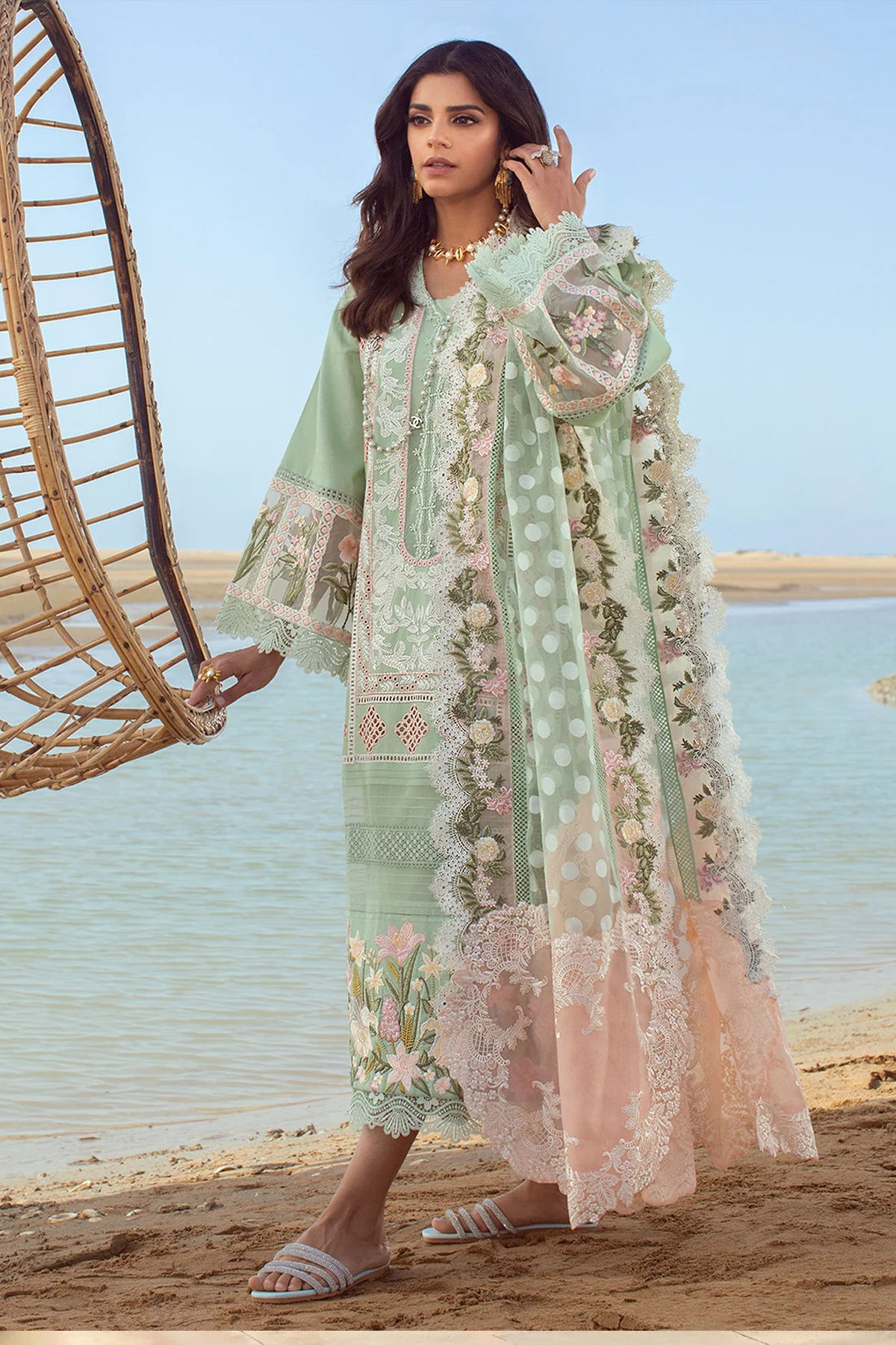 Crimson Embroidered Lawn Suits Unstitched 3 Piece CR22L 5B Seafoam - Luxury Collection