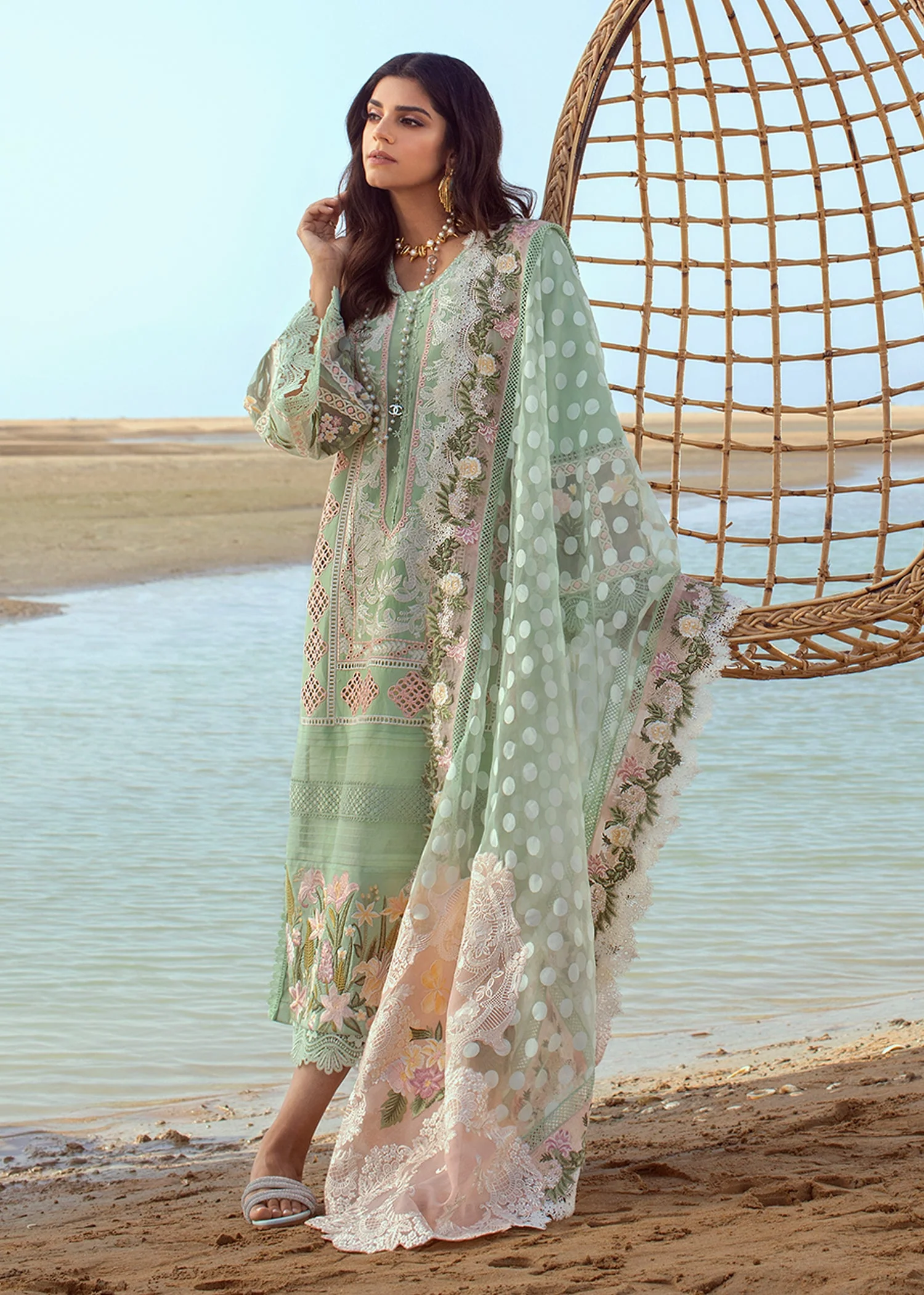 Crimson Embroidered Lawn Suits Unstitched 3 Piece CR22L 5B Seafoam - Luxury Collection - Image 2