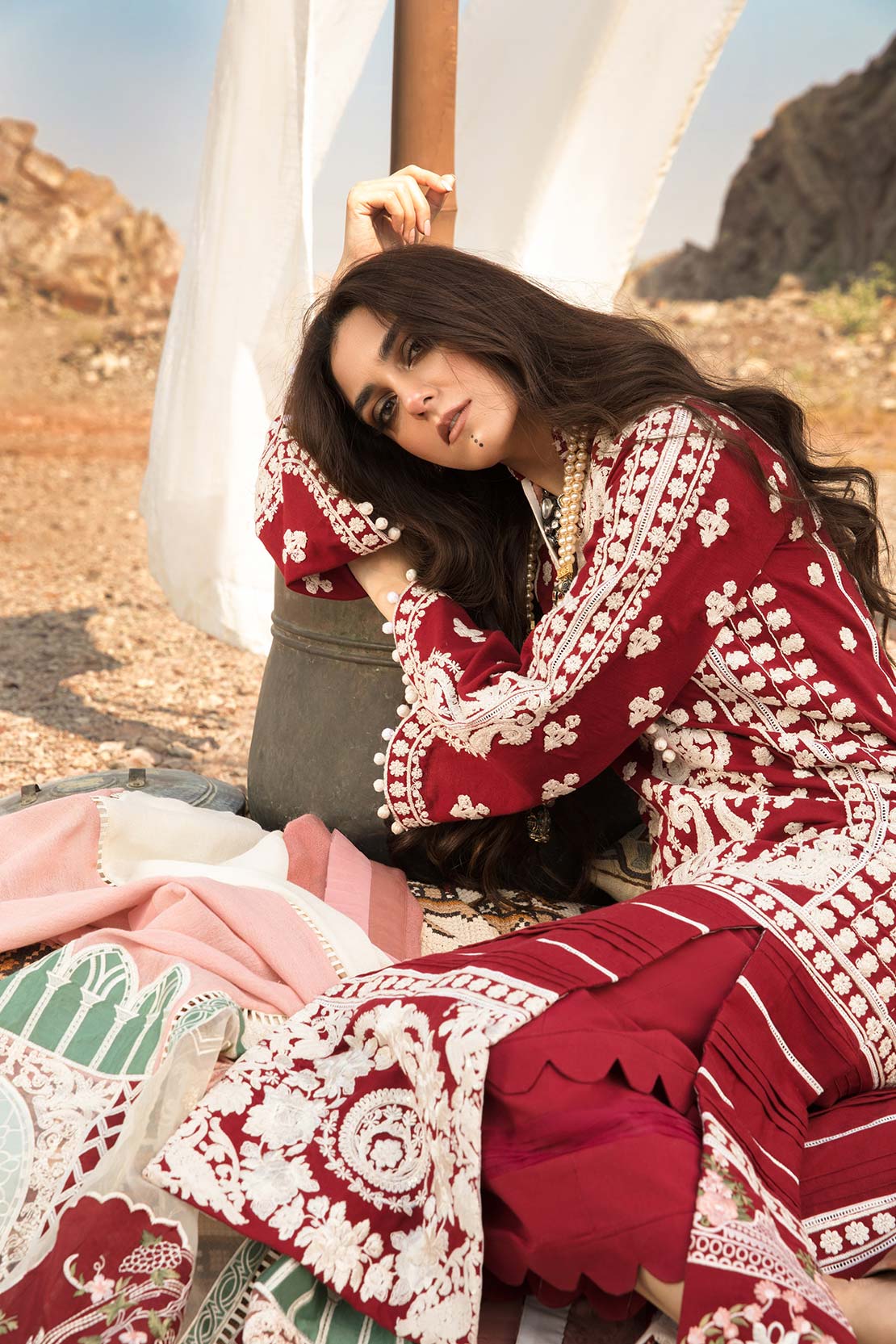 CRIMSON - Luxury Lawn 3-PC Unstitched Festive Edit Lawn Collection Aari Revival Ruby - Image 5