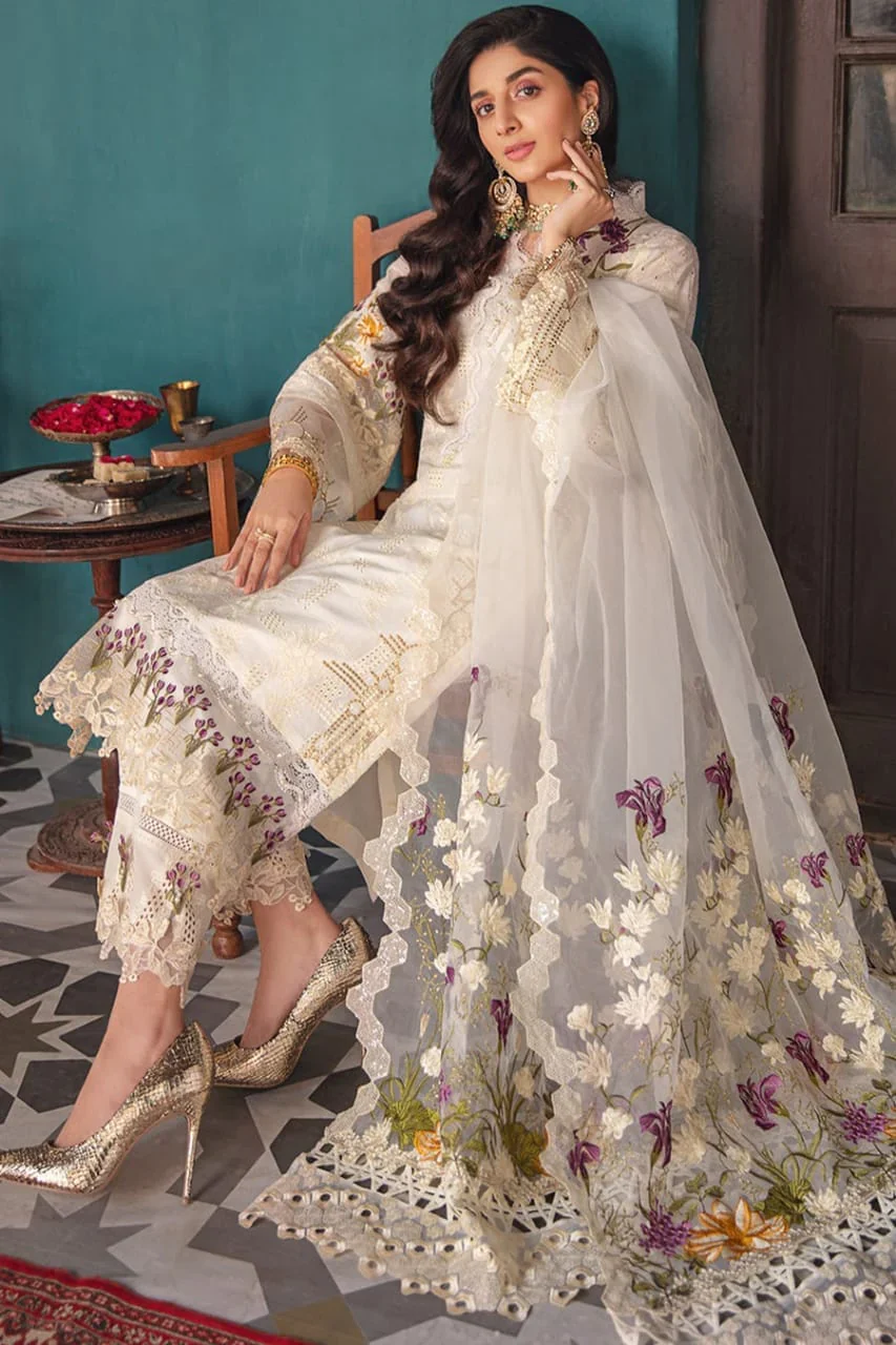 Elaf Off White Embroidered Chicken Kari 3 Piece Unstitched Luxury Lawn HR-05 - Image 2