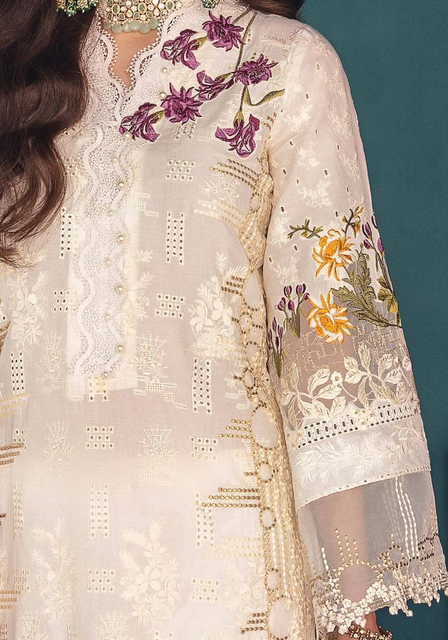 Elaf Off White Embroidered Chicken Kari 3 Piece Unstitched Luxury Lawn HR-05 - Image 4