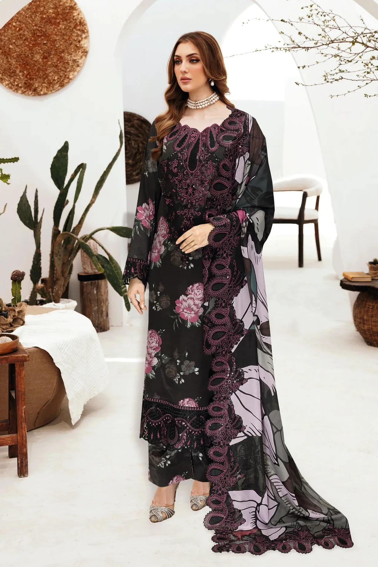 FARASHA - 3 Piece Unstitched Embroidered Lawn Suit :J-604