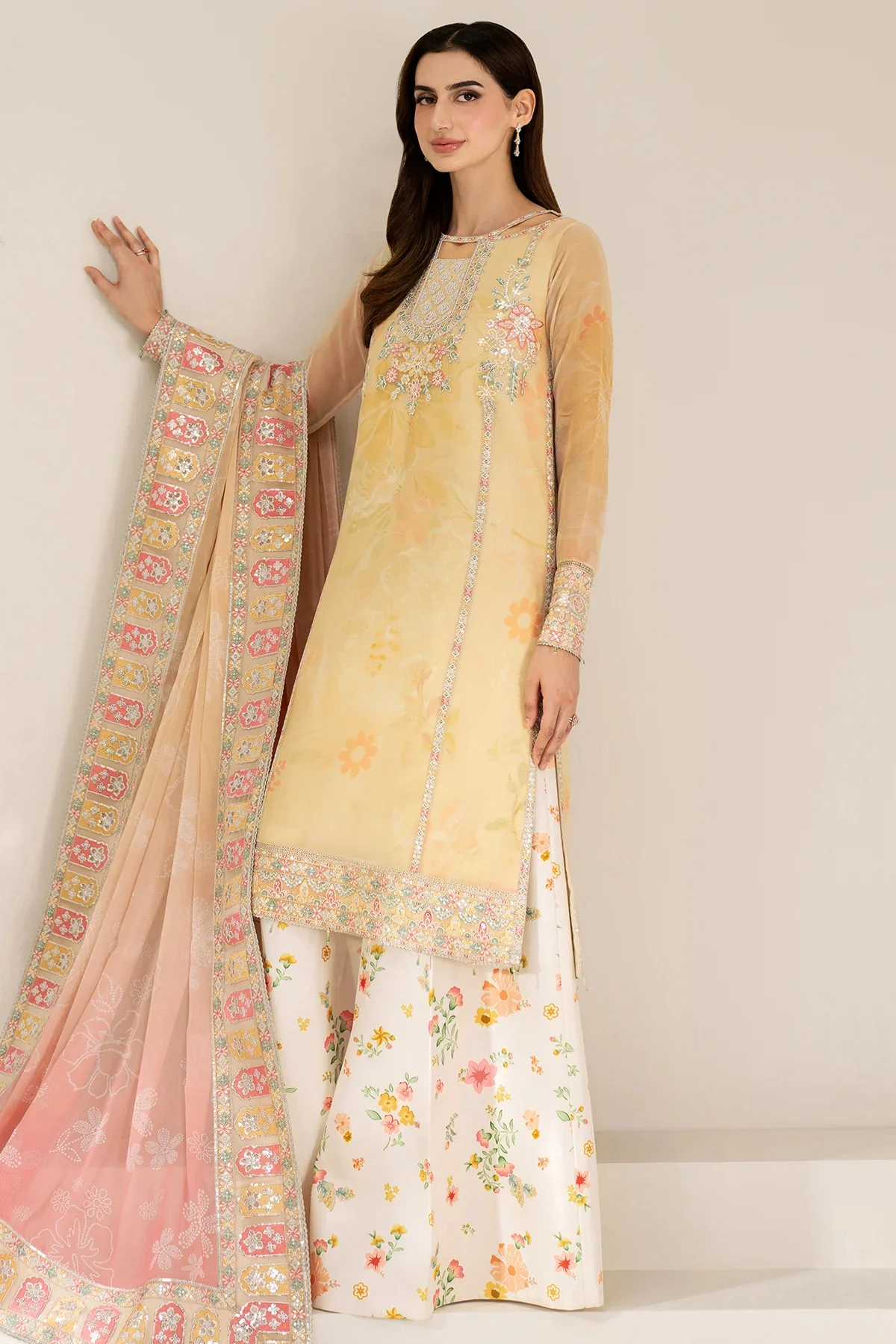 FARASHA - 3PC LAWN EMBROIDERED SHIRT WITH MANAAR PRINTED DUPATTA AND TROUSER - Floral Ray