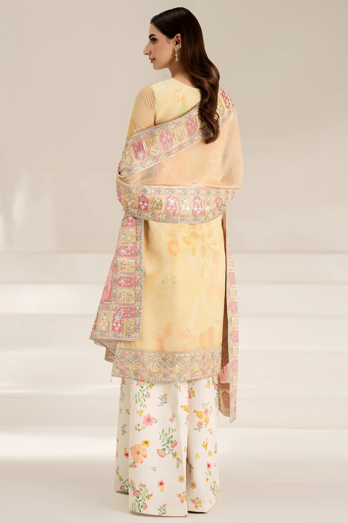 FARASHA - 3PC LAWN EMBROIDERED SHIRT WITH MANAAR PRINTED DUPATTA AND TROUSER - Floral Ray - Image 3