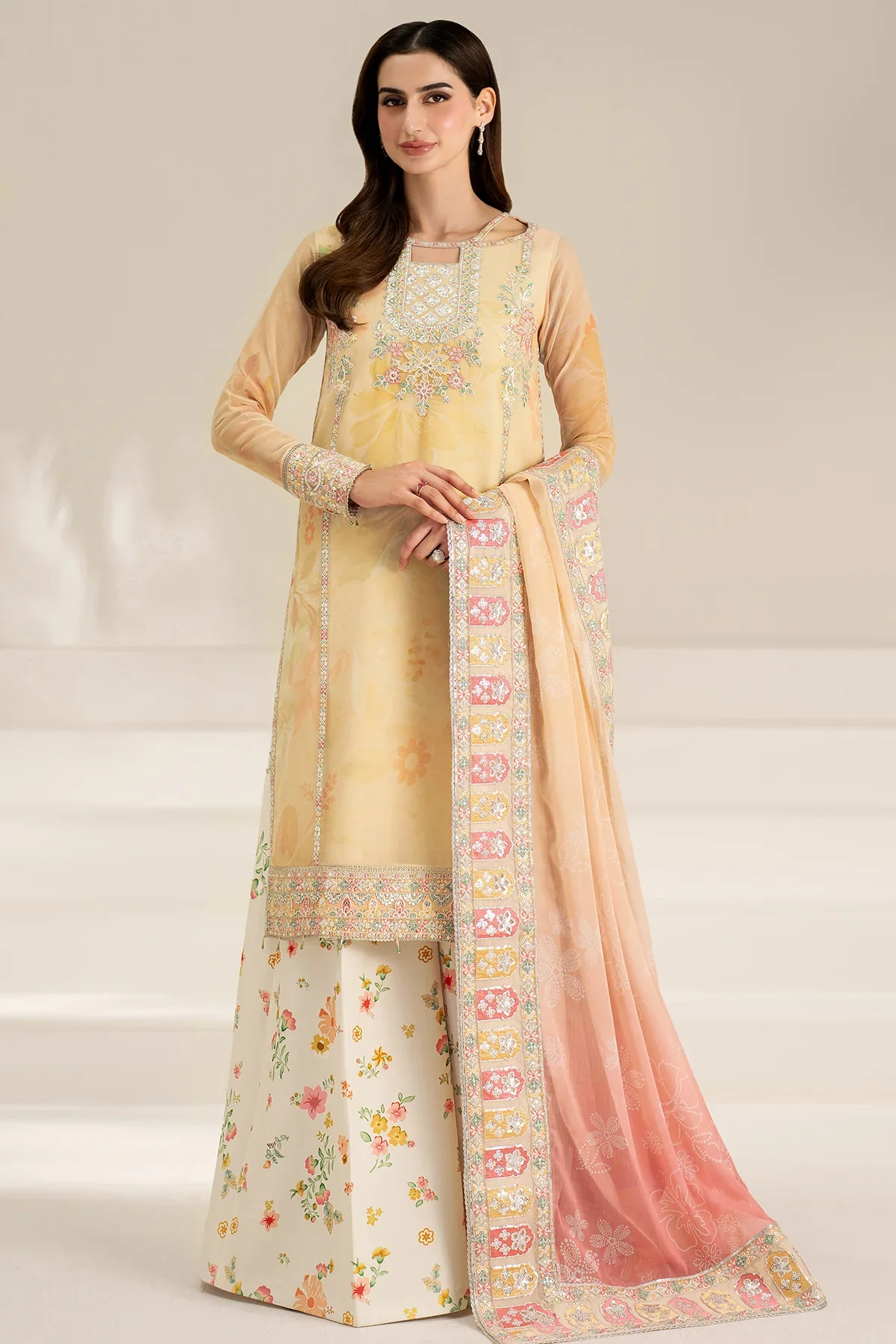 FARASHA - 3PC LAWN EMBROIDERED SHIRT WITH MANAAR PRINTED DUPATTA AND TROUSER - Floral Ray - Image 5