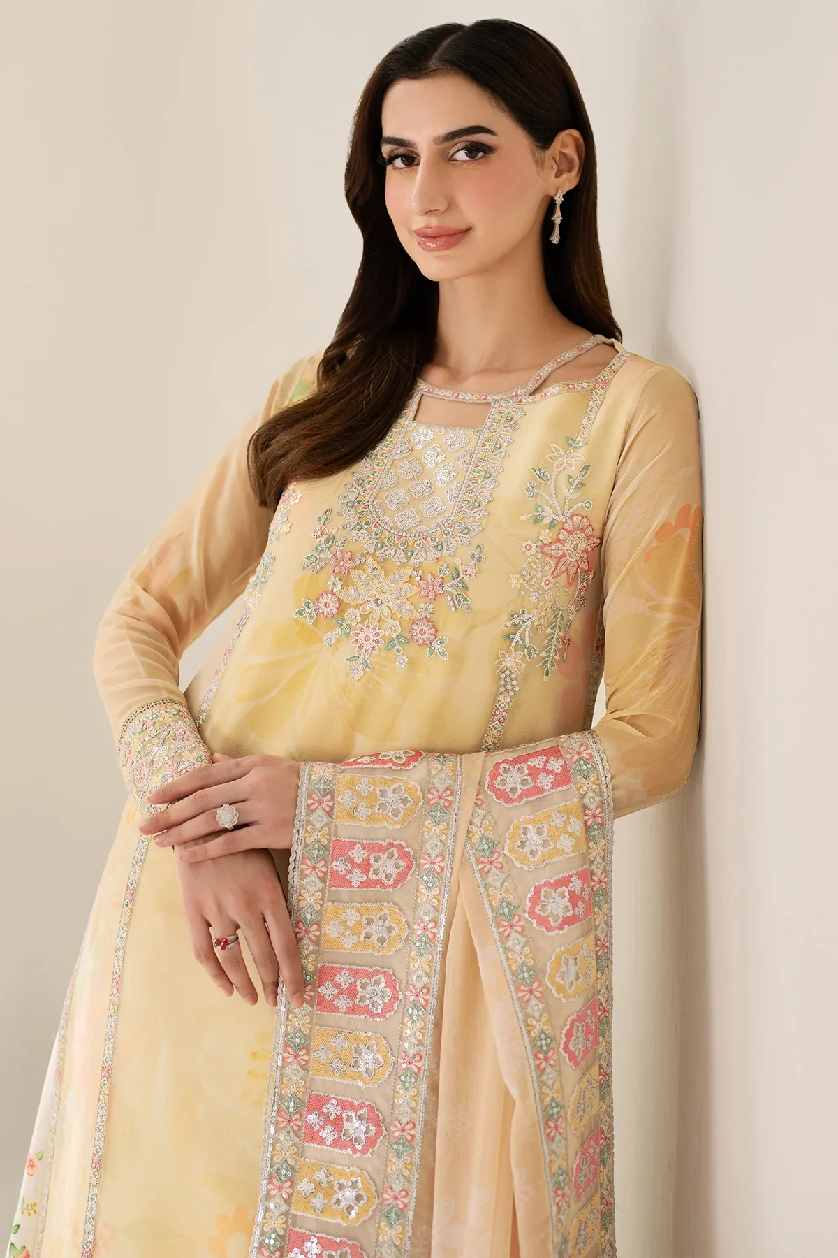 FARASHA - 3PC LAWN EMBROIDERED SHIRT WITH MANAAR PRINTED DUPATTA AND TROUSER - Floral Ray - Image 6