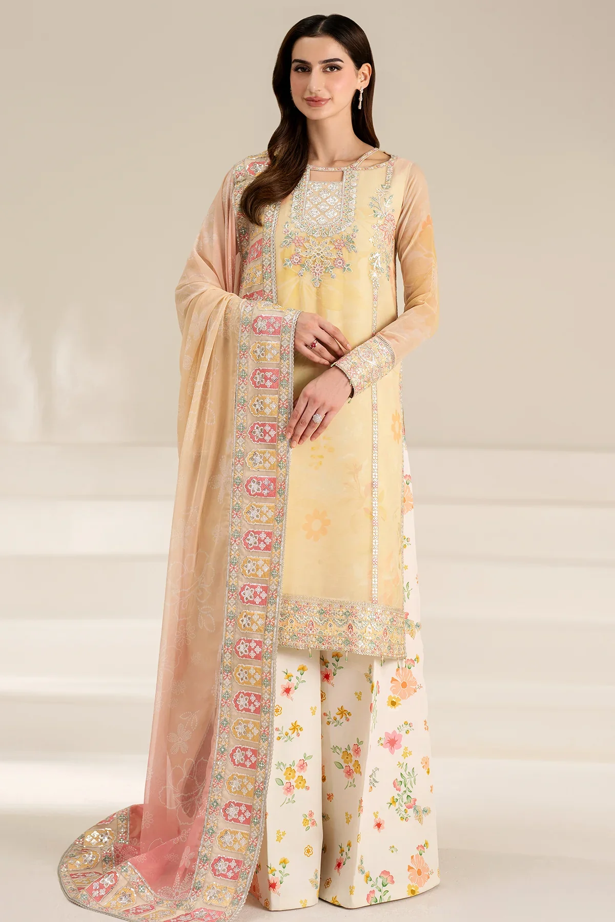 FARASHA - 3PC LAWN EMBROIDERED SHIRT WITH MANAAR PRINTED DUPATTA AND TROUSER - Floral Ray - Image 7
