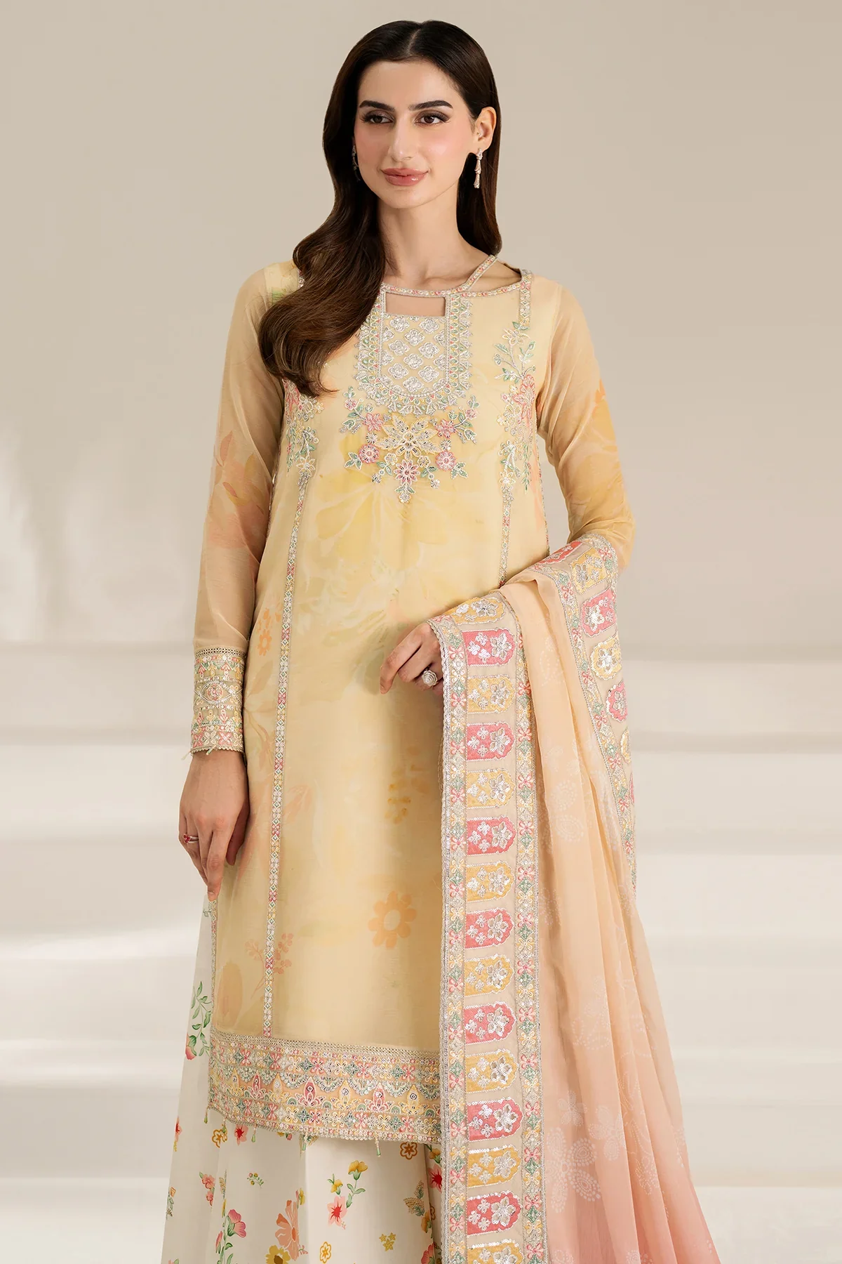 FARASHA - 3PC LAWN EMBROIDERED SHIRT WITH MANAAR PRINTED DUPATTA AND TROUSER - Floral Ray - Image 8