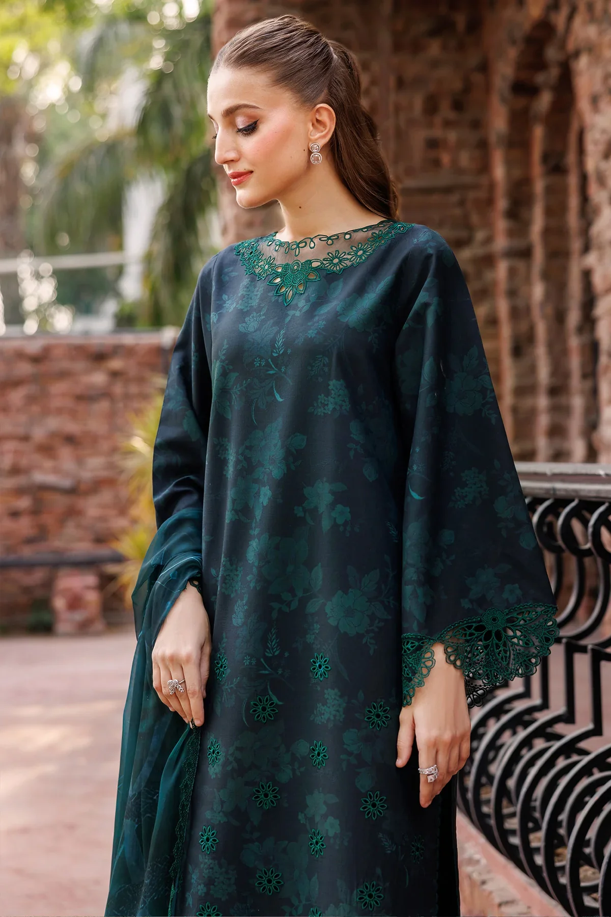 FARASHA - 3PC LAWN EMBROIDERED SHIRT WITH MANAAR PRINTED DUPATTA AND TROUSER - Periveil - Image 4