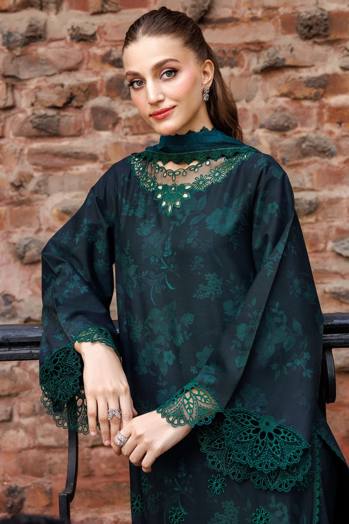 FARASHA - 3PC LAWN EMBROIDERED SHIRT WITH MANAAR PRINTED DUPATTA AND TROUSER - Periveil - Image 5